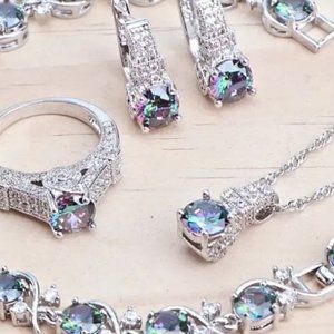Multi colored zircon set ring size 8 removable link bracelet 7-8in